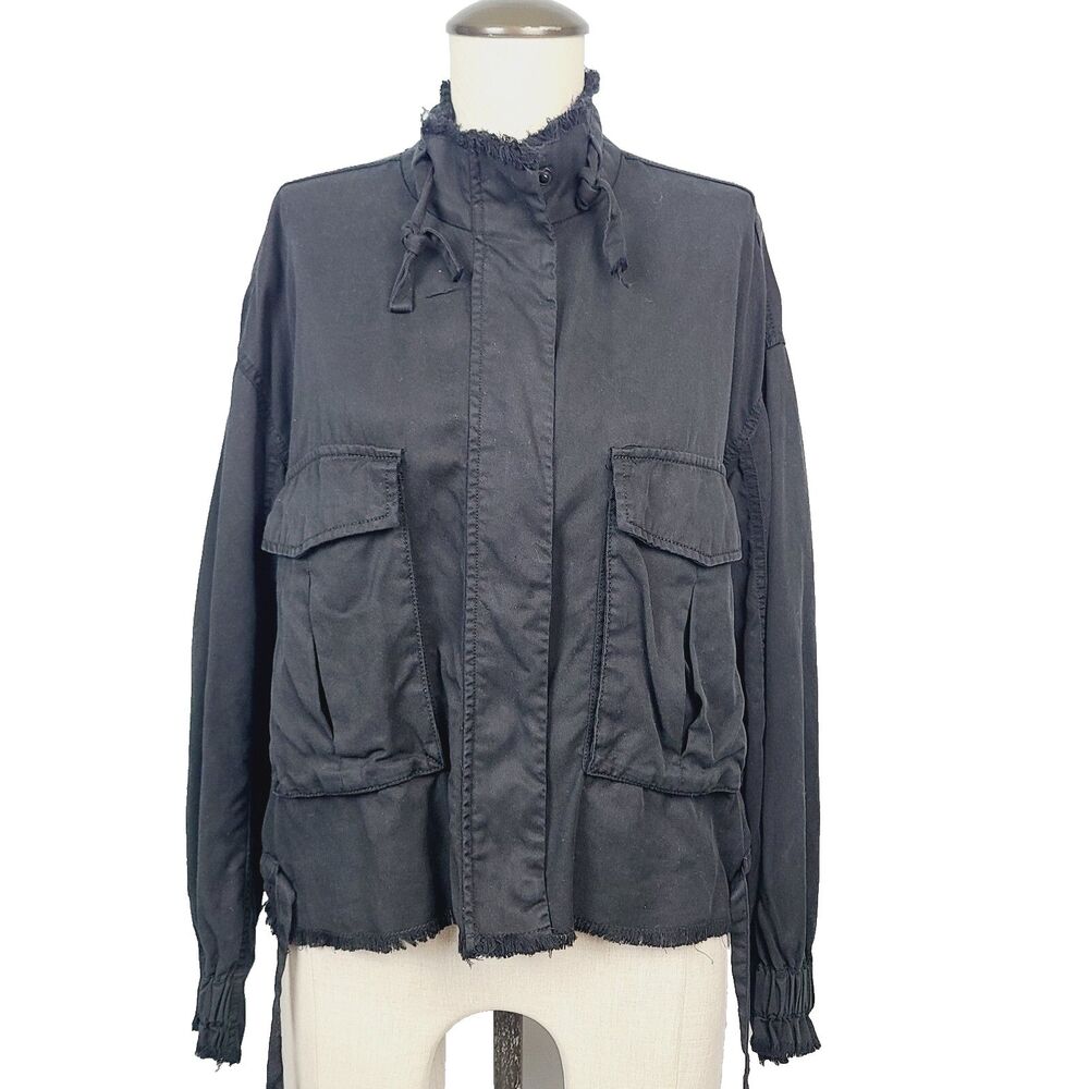 Dear John Bomber Jacket XS Black Chambray Full Zip Frayed Raw Edges‎ Pockets